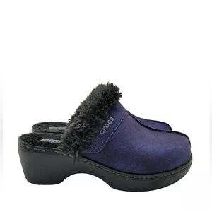 ⭐️ CROCS Cobbler Women's Leather Faux Fur Lined Mules Clog -Blue/Purple EUC Sz 8